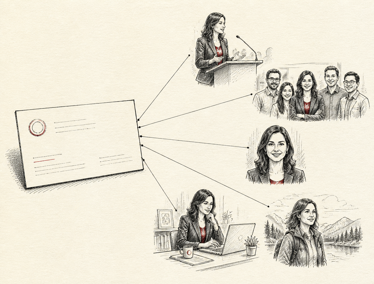 Ink sketch of a business card linked out to several small sketched pictures of the same person in different public settings